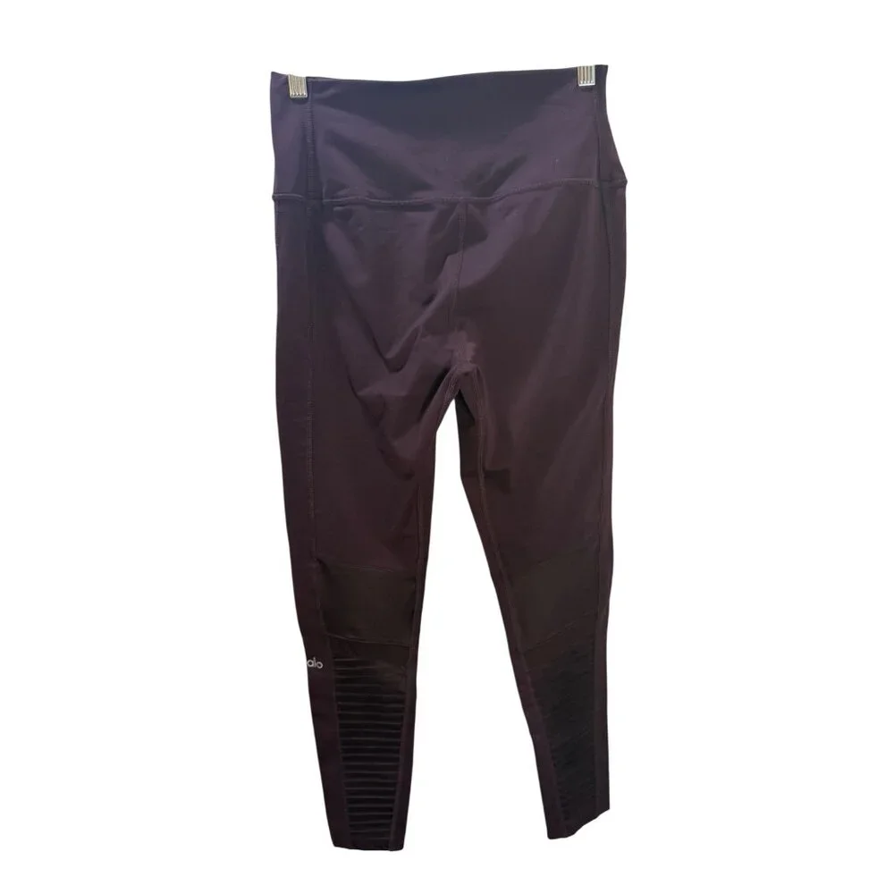 Alo yoga High-Waist Moto‎ Leggings L Plum Ribbed Mesh Panels Womens Activewear